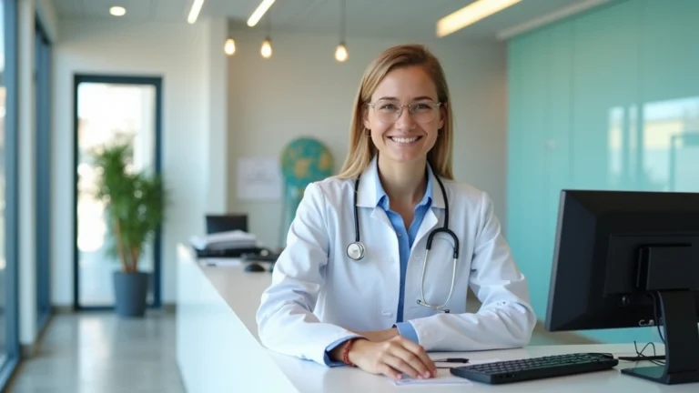 Professional medical clinic reception area with welcoming staff at desk, modern healthcare facility interior, patient check-in counter with computers and paperwork