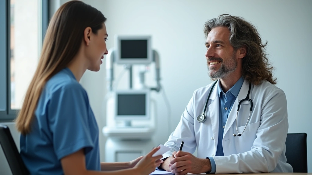 Doctor and patient in consultation room during medical appointment, professional healthcare provider taking notes, modern med