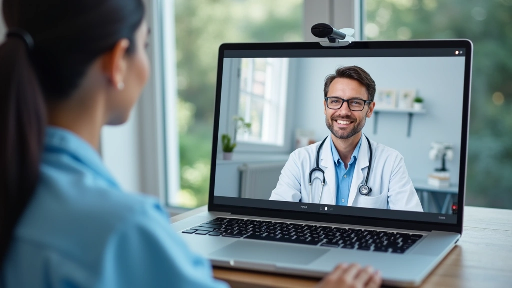 Telehealth virtual visit setup showing patient on video call with healthcare provider, remote consultation technology, home h