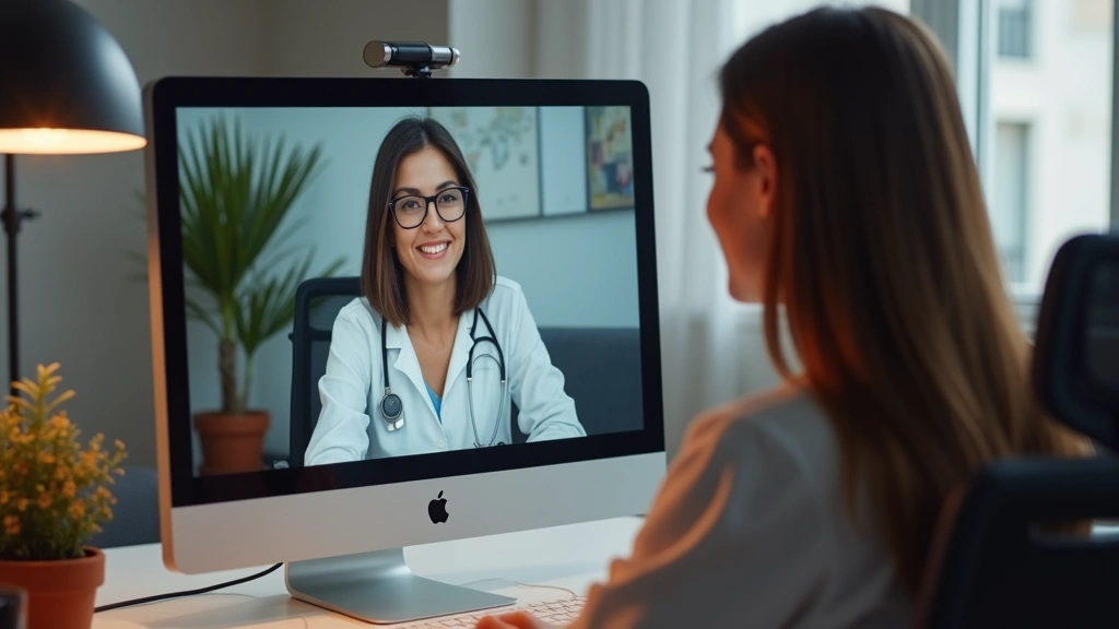 Professional woman therapist in modern office during video consultation on computer screen, warm lighting, focused expression, no text visible, healthcare setting