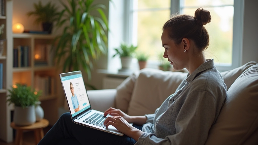 Patient sitting comfortably at home during virtual mental health appointment on laptop, peaceful residential setting, natural