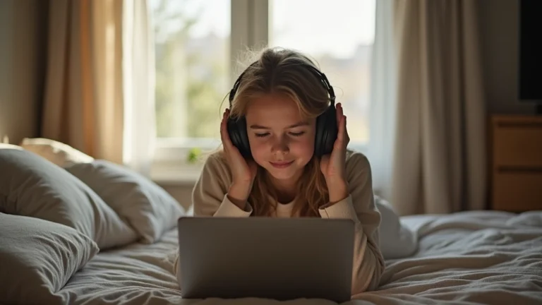Young person listening to music with headphones in a peaceful bedroom environment, natural lighting, relaxed expression showing emotional connection to music