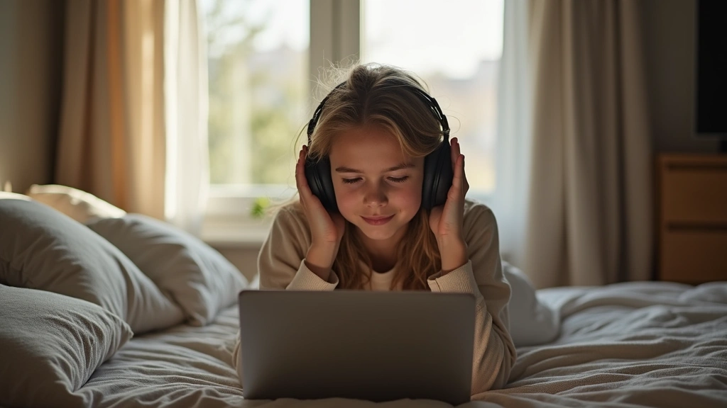 Young person listening to music with headphones in a peaceful bedroom environment, natural lighting, relaxed expression showi