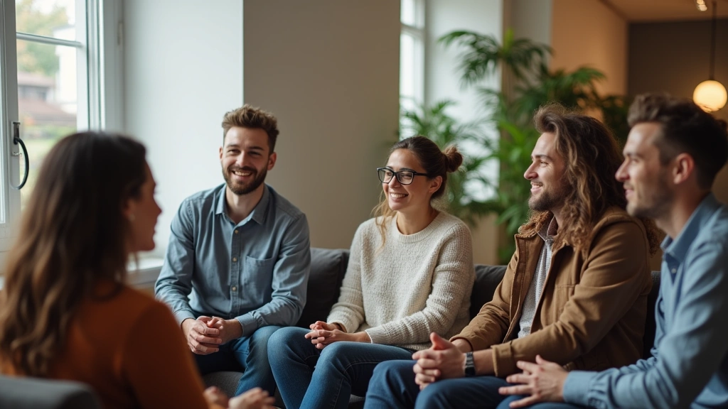 Diverse group of people in a modern counseling or therapy office setting, professional mental health support environment, war