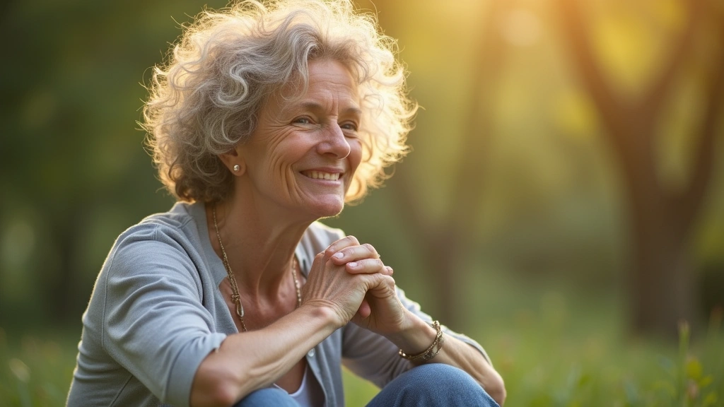 Person in recovery journey moment, sitting peacefully outdoors with nature background, hopeful and contemplative expression,