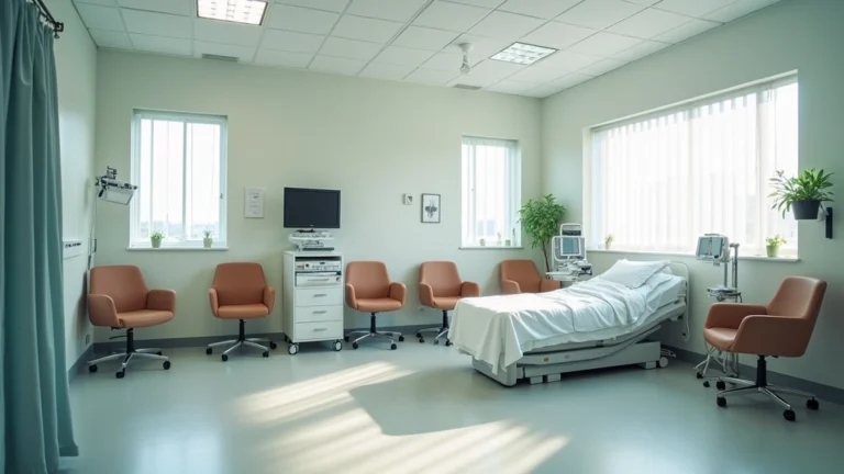 Professional psychiatric hospital treatment room with comfortable patient seating, natural lighting, therapeutic environment, medical monitoring equipment, calming neutral colors