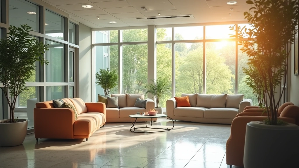Peaceful hospital common area with comfortable seating, natural light, therapeutic garden view, supportive group therapy envi