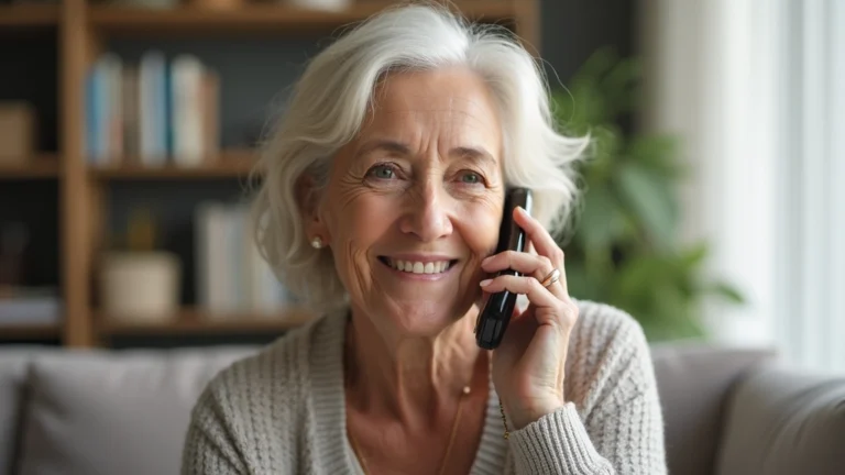 Elderly woman making a phone call in her home, smiling, comfortable living room setting, natural lighting, close-up on her face showing satisfaction