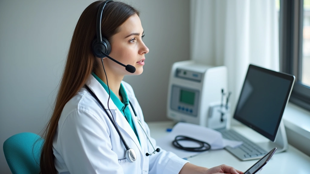 Healthcare provider in medical office speaking into headset microphone, professional setting with medical equipment visible i