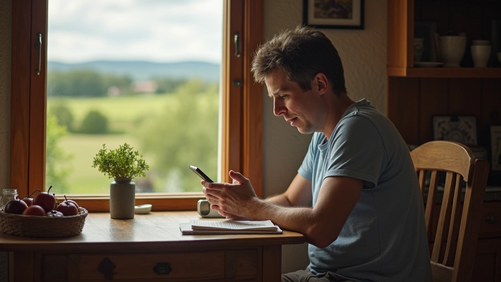 Rural patient in modest home using basic mobile phone for medical consultation, sitting at kitchen table, peaceful countrysid