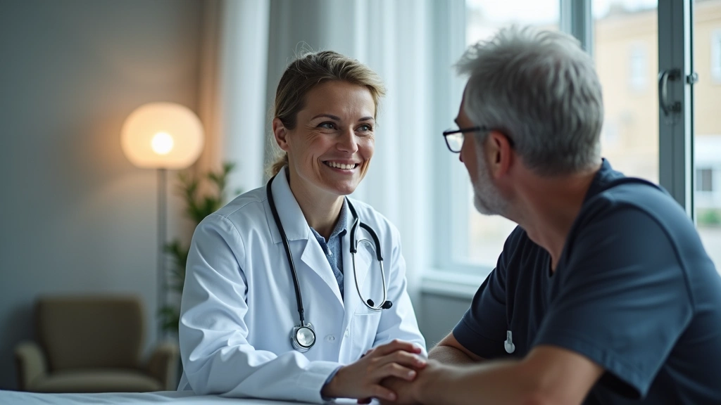 Professional healthcare provider in white coat consulting with patient in modern clinic examination room, warm lighting, stethoscope visible, compassionate interaction