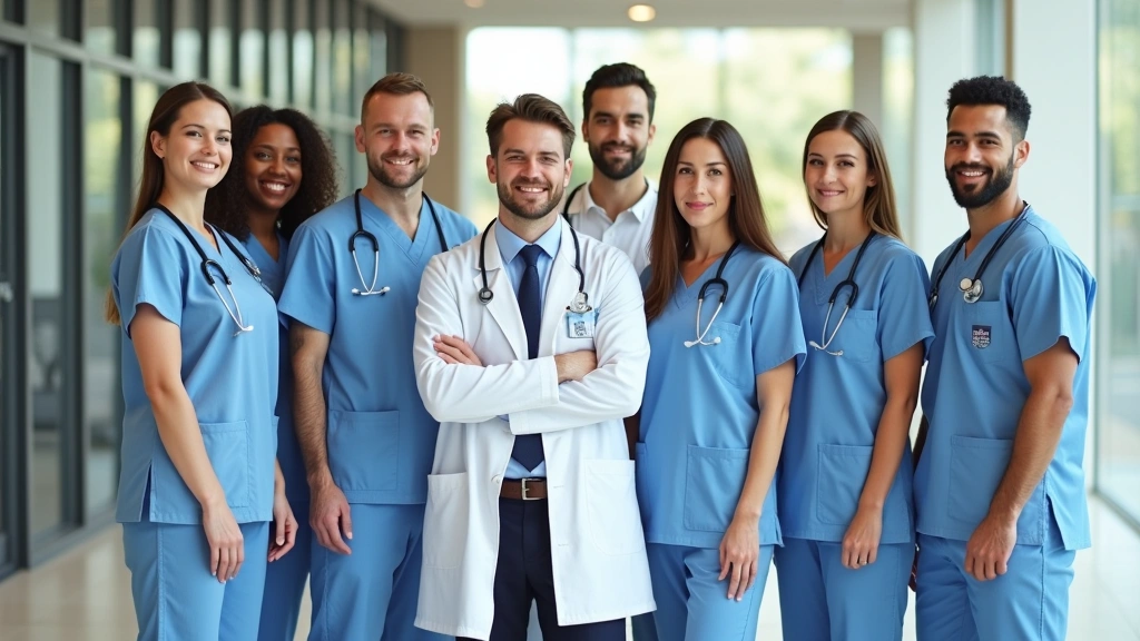 Diverse medical team of doctors and nurses standing together in bright modern health center lobby, professional attire, welco