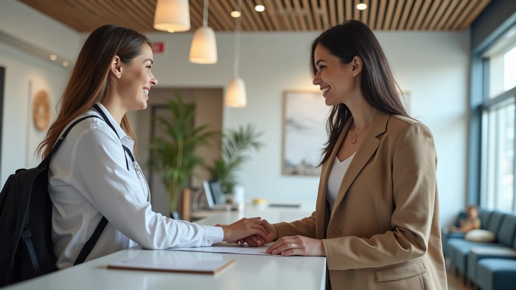 Patient checking in at reception desk of contemporary health center, friendly staff member at counter, modern interior design