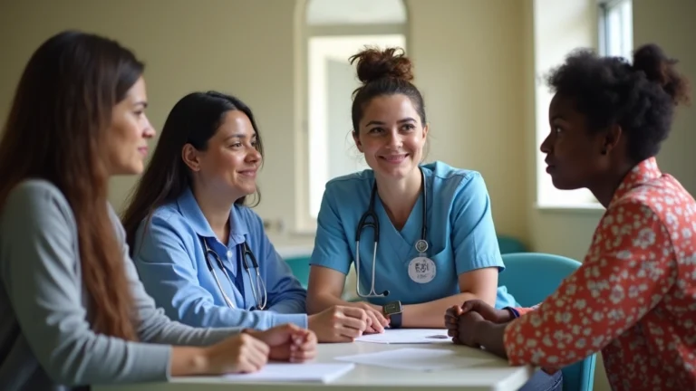 Diverse healthcare team providing community health screening in underserved neighborhood clinic setting with patients of various ages receiving care