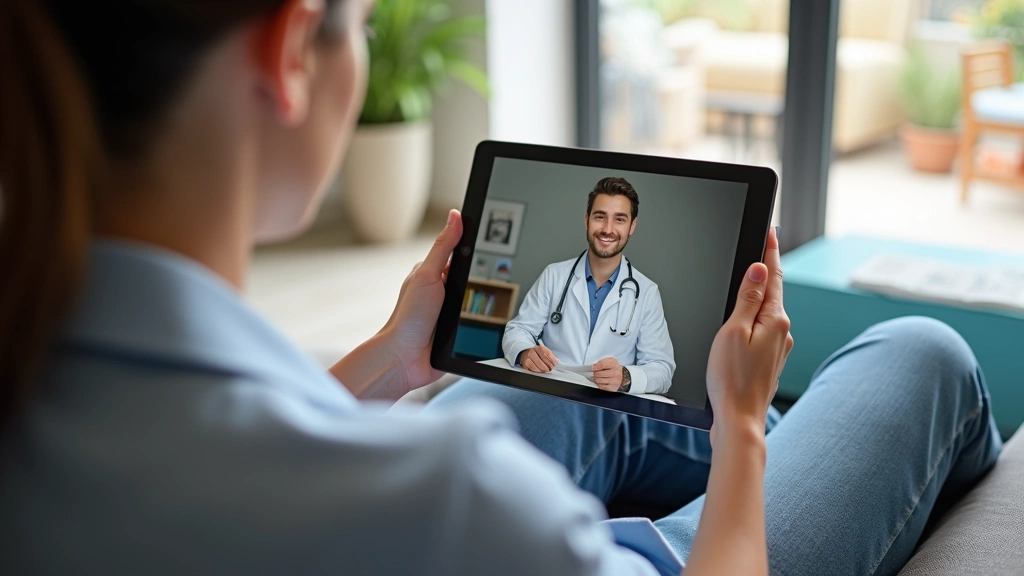 Telehealth consultation between patient at home and healthcare provider on tablet screen in modern living room environment