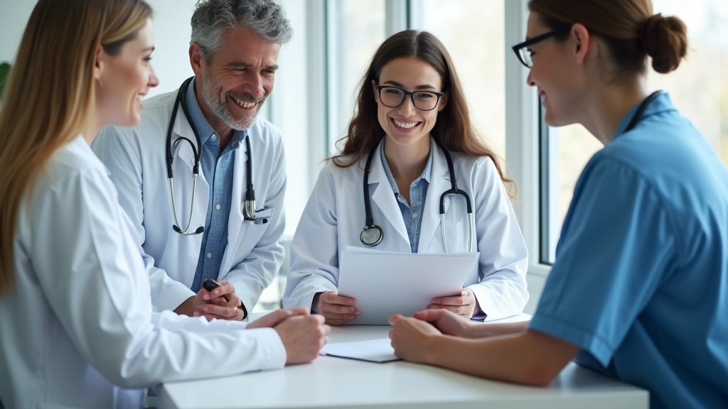 Diverse healthcare team in modern clinic setting with primary care doctor, mental health counselor, and dental professional collaborating around patient care desk