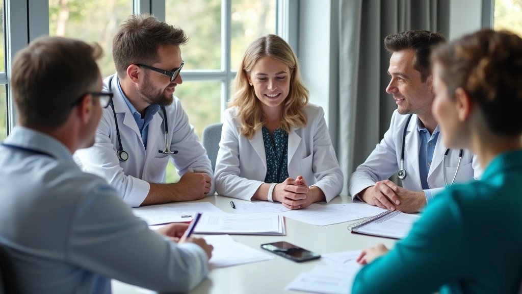 Integrated care team meeting in clinical office discussing patient care plan with medical records, mental health notes, and p