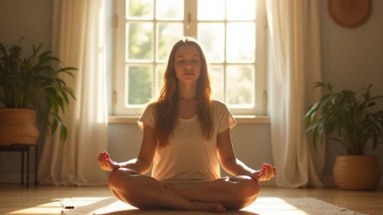 Person practicing meditation in peaceful home environment, sunlight streaming through window, calm expression, sitting cross-legged on floor with plants nearby