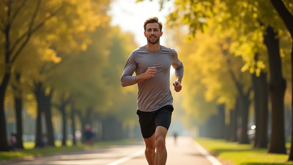 Young adult exercising outdoors on sunny day, jogging in park with trees, energetic and healthy appearance, natural daylight