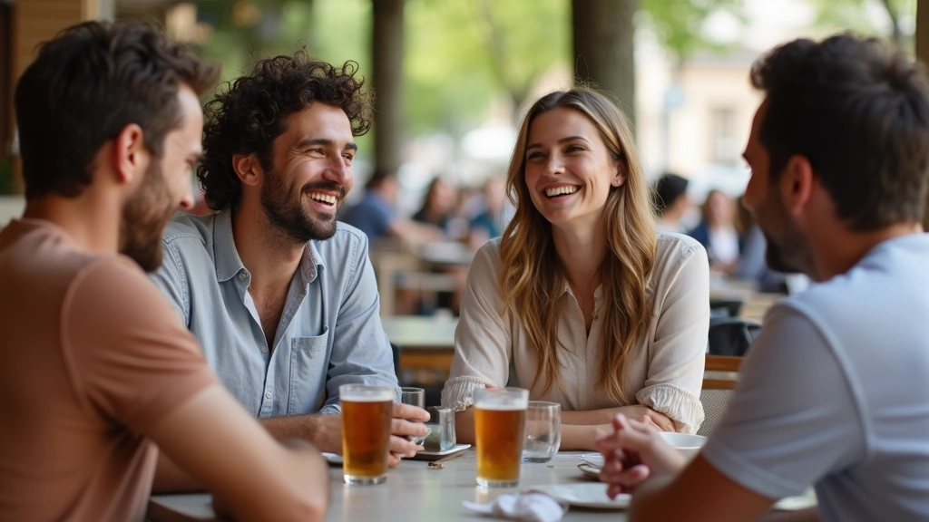 Diverse group of friends laughing together at outdoor café, warm social interaction, genuine smiles, daytime setting