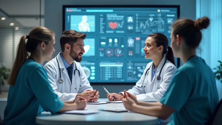 Professional medical team in modern clinic discussing patient care coordination with digital health records visible on screen, diverse healthcare providers collaborating