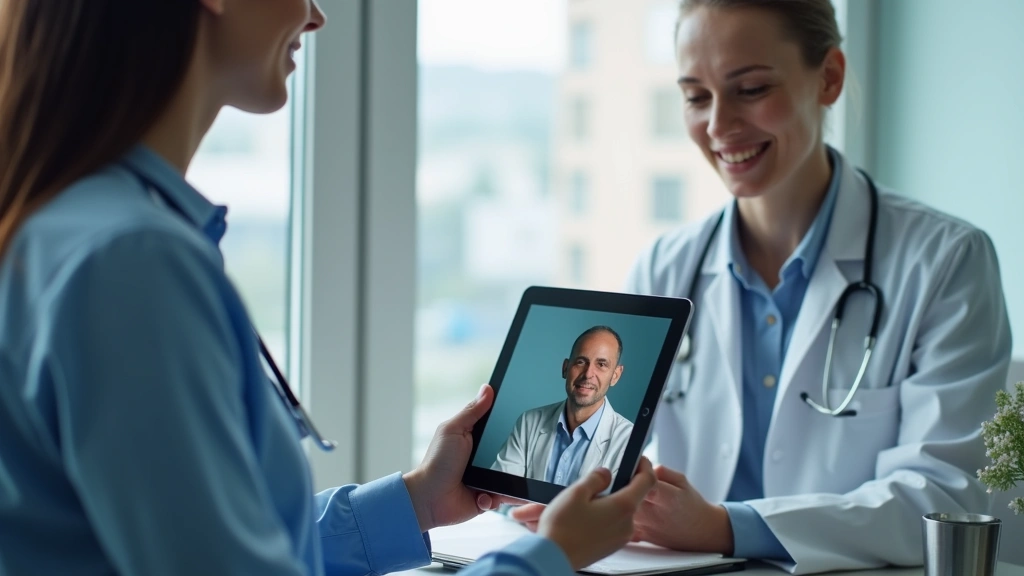 Patient using telemedicine on tablet with healthcare provider visible on screen in professional medical office setting, moder