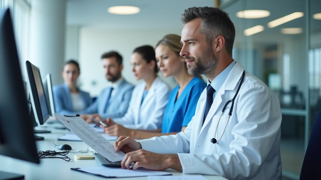 Doctor reviewing patient medical records on computer in contemporary healthcare facility, organized medical office environmen