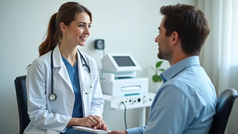 Professional female healthcare provider in white coat consulting with patient in modern clinic examination room with medical equipment and technology visible
