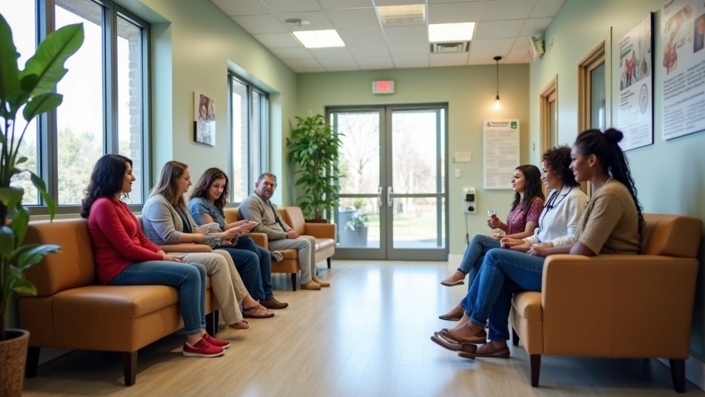 Diverse patients in welcoming community health center waiting area with comfortable seating, natural lighting, and healthcare