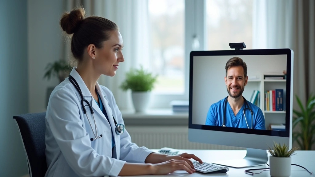 Healthcare provider conducting virtual telehealth consultation on computer screen with patient visible on monitor in professi