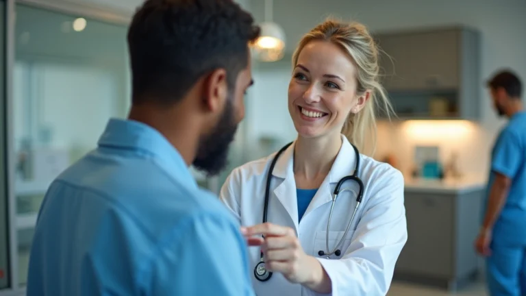 Professional female doctor in white coat conducting patient examination in modern clinic, warm lighting, diverse patient, stethoscope visible, clean medical facility background