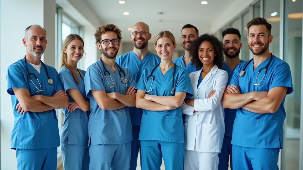 Diverse group of healthcare staff in medical uniforms standing together in clinic hallway, smiling, modern healthcare facilit