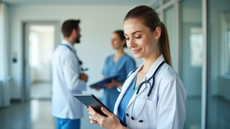 Professional woman using tablet computer in modern healthcare clinic office with medical staff in background, bright natural lighting, clean contemporary medical environment