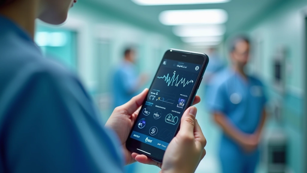 Close-up of hands holding smartphone displaying healthcare app interface with medical data, blurred hospital background, prof