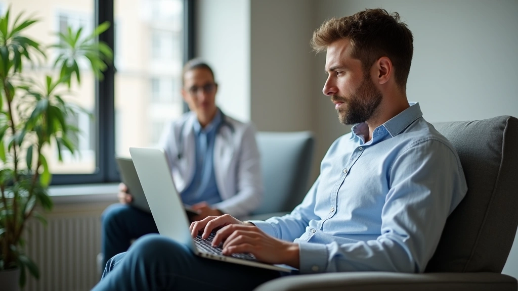 Male patient sitting in comfortable chair reviewing health information on laptop computer in private consultation room with h