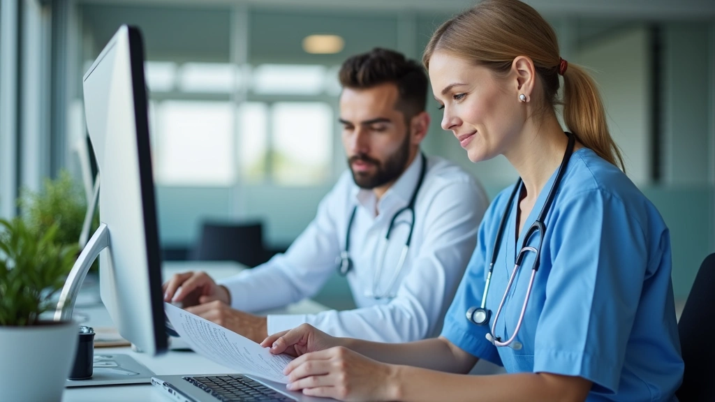 Professional healthcare workers reviewing insurance benefits documents in a modern hospital office setting with computer screens