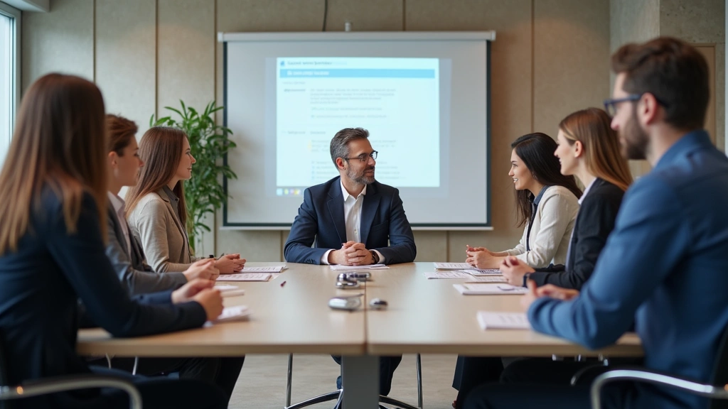 Diverse group of employees in business casual attire sitting in a benefits enrollment meeting with HR representative