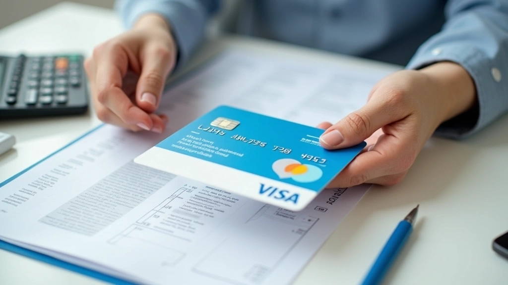 Close-up of hands holding health insurance cards and medical documents on a desk with calculator and pen