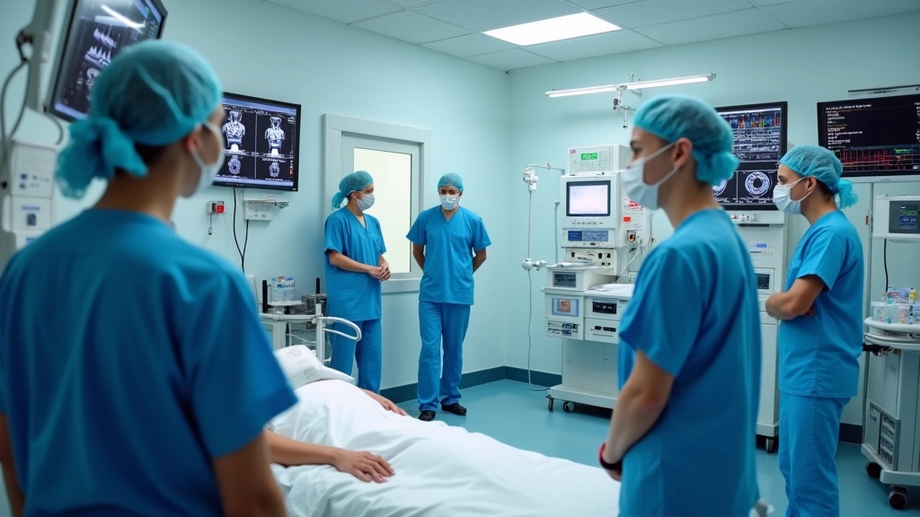 Professional medical staff in modern hospital emergency department with advanced diagnostic equipment and monitors, patient care in progress, clinical setting