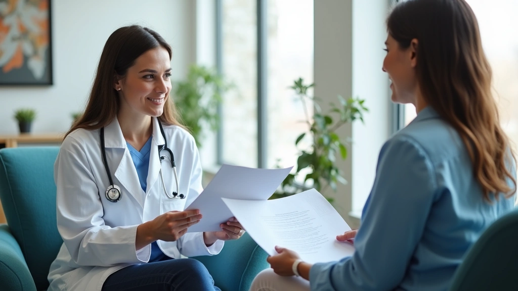 Healthcare provider in consultation room reviewing medical records with patient, modern medical office environment with comfo