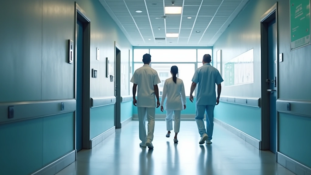 Modern hospital corridor with medical professionals walking, contemporary healthcare facility architecture, bright lighting a