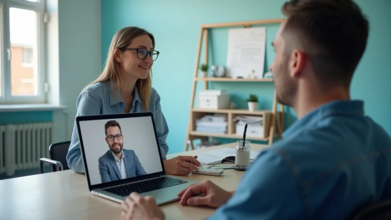 Professional mental health therapist conducting video consultation with patient on laptop in modern clinical office with calming blue tones and natural lighting