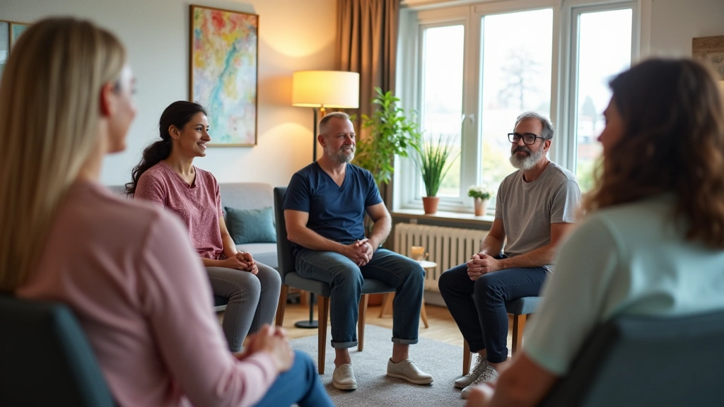 Diverse group of patients in outpatient therapy session sitting in supportive circle in comfortable healthcare facility with 
