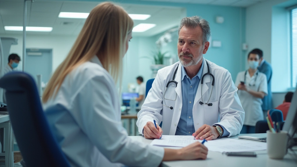 Licensed psychiatrist reviewing patient medical records at desk in hospital behavioral health unit with modern medical equipm