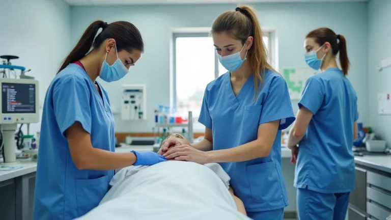 Professional nursing students in scrubs conducting clinical skills practice in modern healthcare laboratory with medical equipment and simulation mannequins