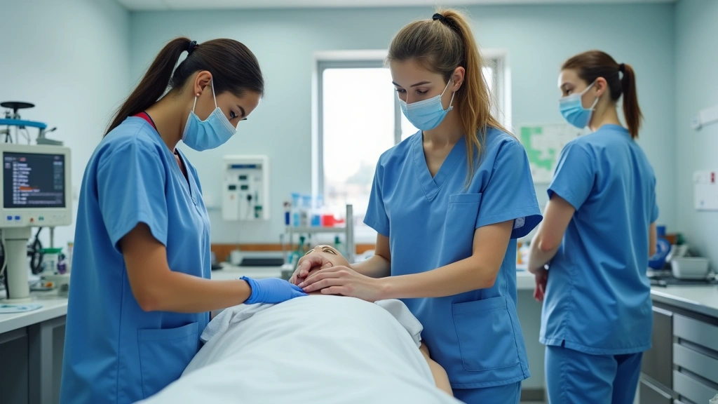 Professional nursing students in scrubs conducting clinical skills practice in modern healthcare laboratory with medical equipment and simulation mannequins