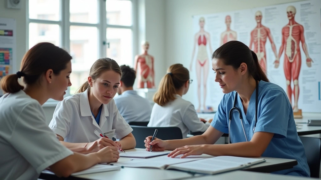 Diverse healthcare students studying anatomy and physiology textbooks in bright college classroom with anatomical models and 