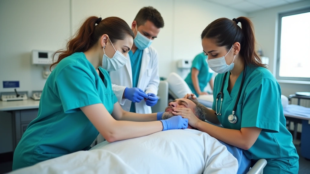 Medical assistant students performing patient care procedures under instructor supervision in clinical training facility with