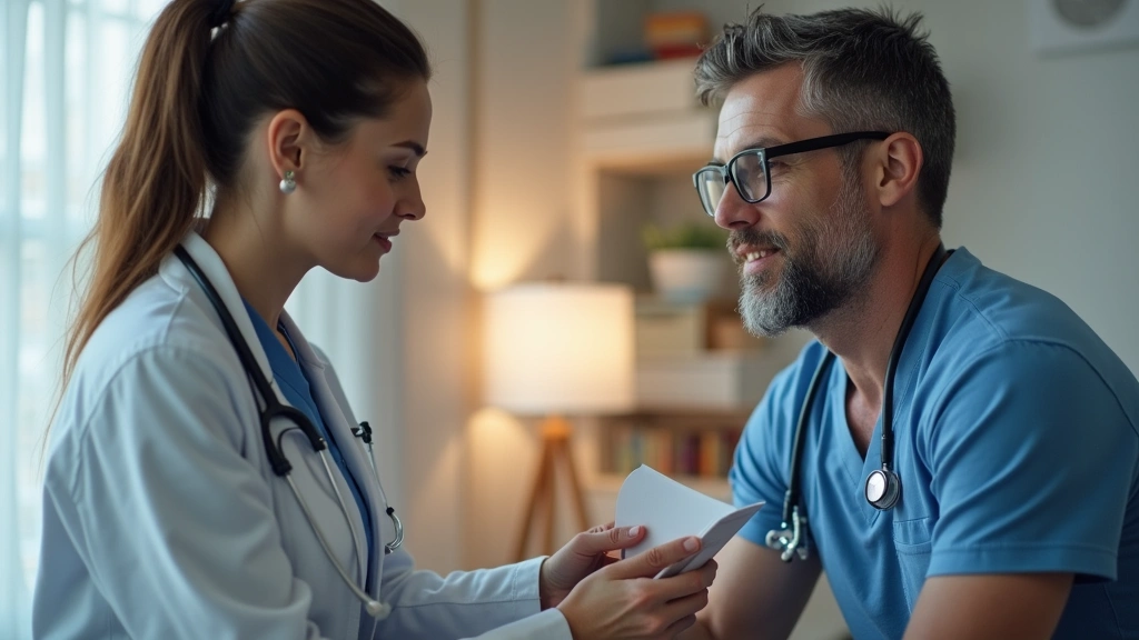 Professional female healthcare provider conducting routine physical examination with male patient in modern medical office setting, warm lighting, stethoscope visible