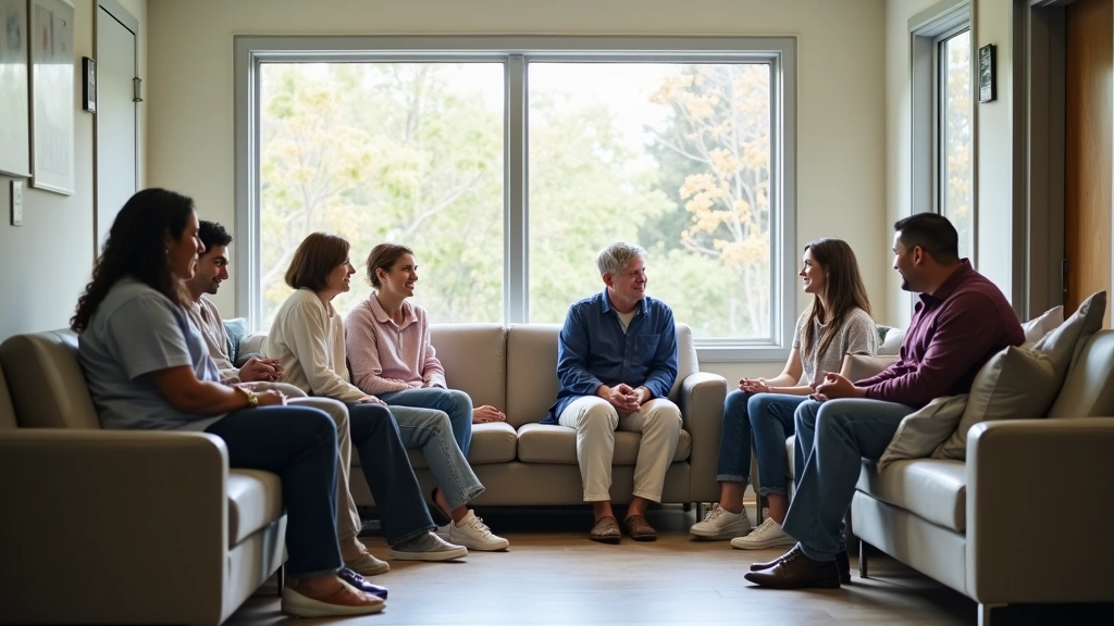 Diverse group of patients in welcoming community health center waiting area with modern comfortable seating and inclusive sig